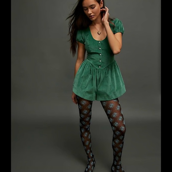 Free People Silver Bells Velvet Romper Smocked Puff Sleeve Uncut Emerald Size S - Picture 1 of 9